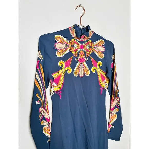 LA DOUBLEJ Navy Paisley Gold Pendant High Neck A-Line Halle Dress Size XS - Picture 14 of 16